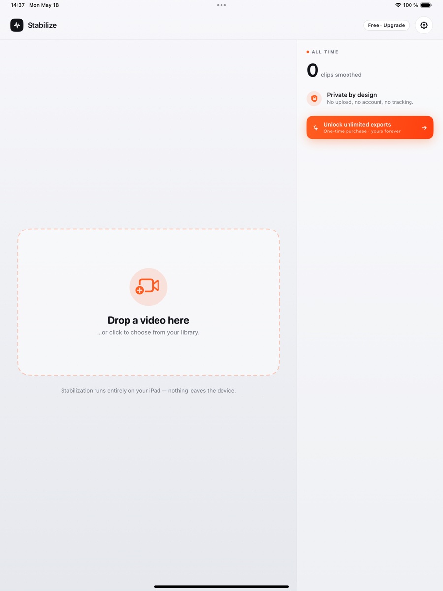 Stabilize on iPad — the wide-shell home screen with the drop-a-video zone.