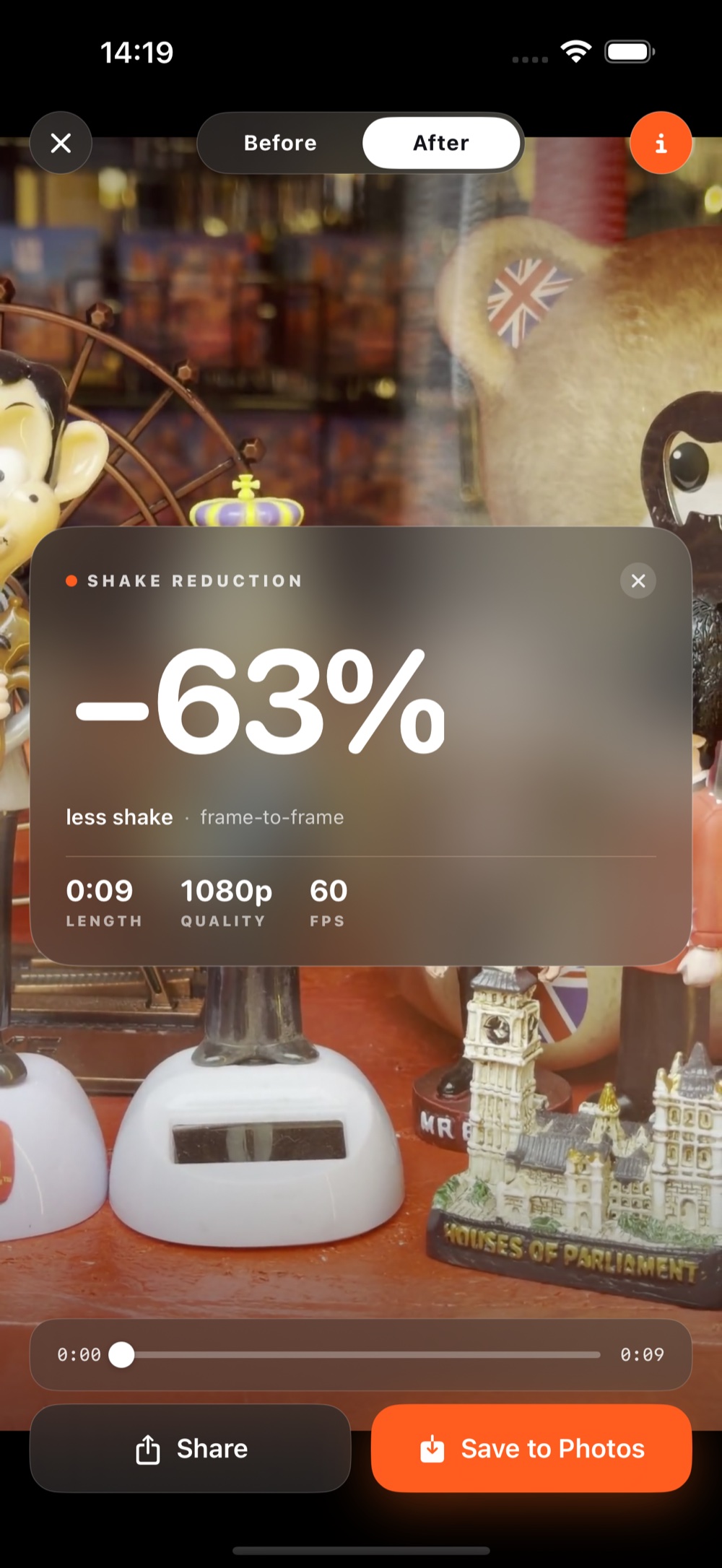 The Stabilize result screen on iPhone — a stabilized clip with a Before/After toggle, a “−63% less shake” stat card, a playback scrubber, and Share/Save buttons.