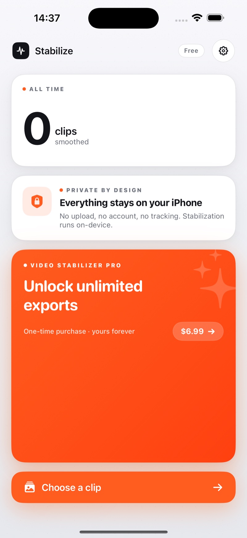 Stabilize on iPhone — the home screen with the privacy promise, $6.99 one-time Pro upgrade, and a Choose a clip button.