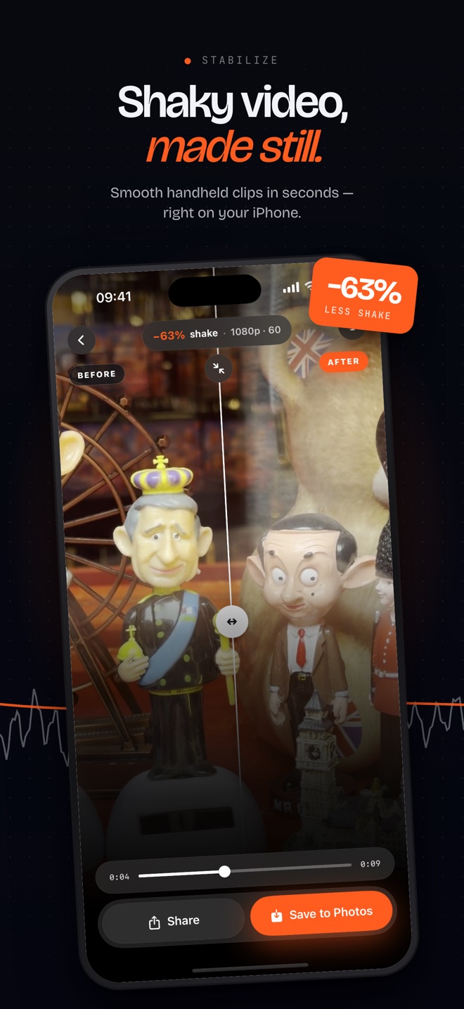 Shaky video, made still — the result screen showing −63% less shake.